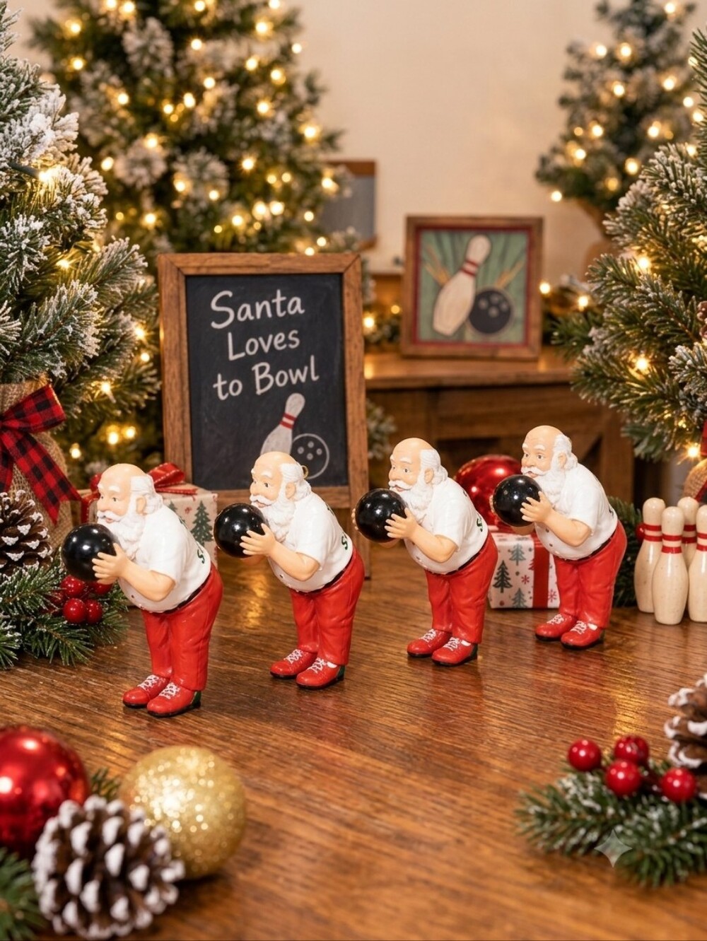 Vintage Bowling Santa Ornaments Set of 4 – 4" Christmas Tree Decorations